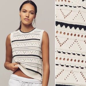 NWT Varley Athena Pointelle Knit Vest White Black Cotton Sweater S Anthropologie